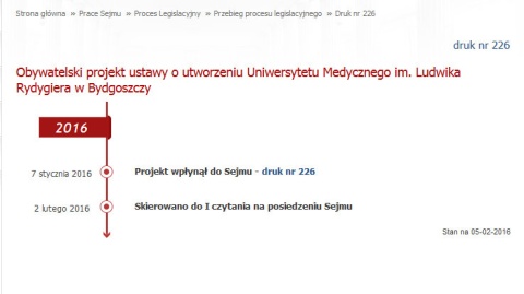 Projekt ustawy o utworzeniu Uniwersytetu Medycznego w Bydgoszczy skierowany do I czytania