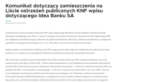 Rzecznik KNF: Idea Bank na liście ostrzeżeń publicznych